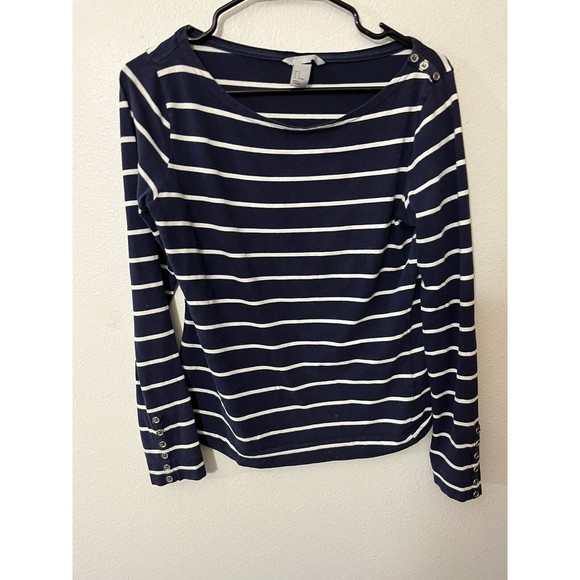 H & M Navy Blue w/ white Striped Long Sleeve Basic Top size M - Picture 1 of 5
